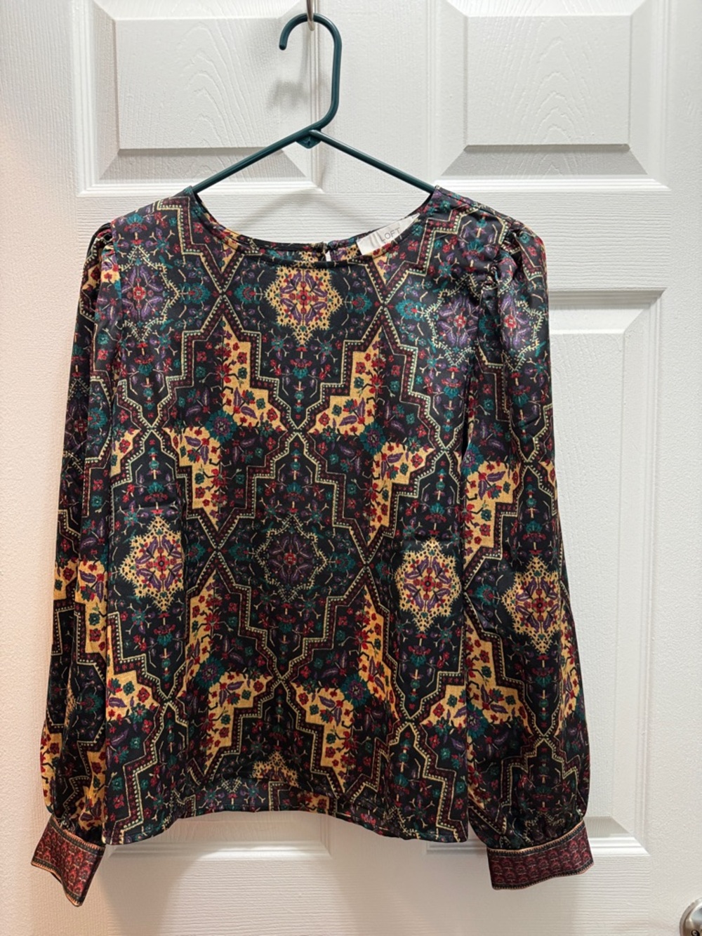 LOFT Black and Mustard Geometric Floral Long Sleeve Blouse